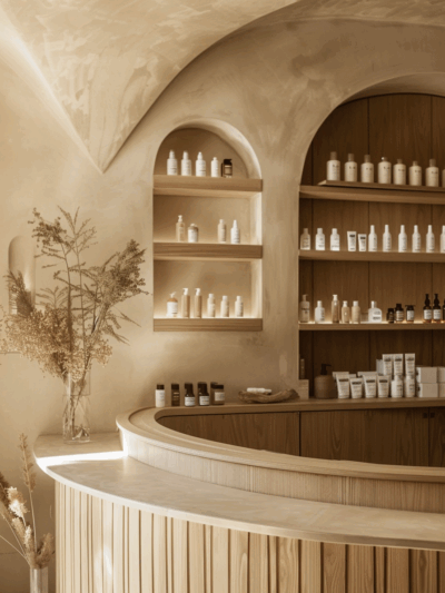 Scandinavian retail interior with curved joinery, warm timber finishes and soft organic forms in Richmond, Melbourne by The Stylesmiths.