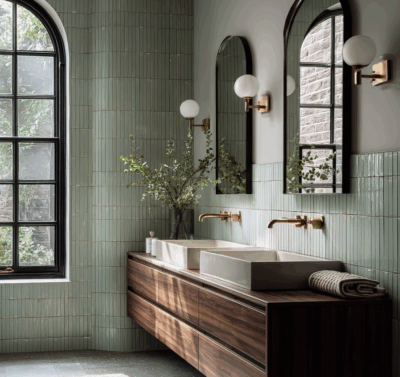 Contemporary bathroom interior by The Stylesmiths Sydney with tonal tiles, timber vanity and modern brass detailing.