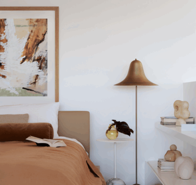 Minimal contemporary bedroom in Sydney by The Stylesmiths with warm neutral tones, refined styling and modern simplicity.