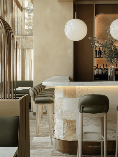 Contemporary hospitality interior in Sydney by The Stylesmiths with tonal stone finishes, sculptural seating and warm layered lighting.