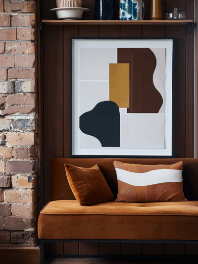 Warm contemporary office interior by The Stylesmiths Sydney featuring modern artwork, rich textures and refined tonal contrast.