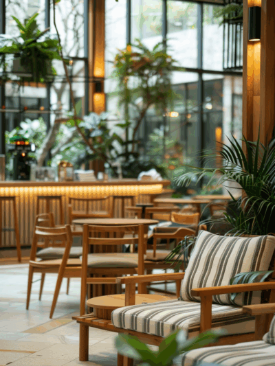 Hamptons-style hospitality interior in Brisbane featuring warm timber furniture, indoor greenery and soft coastal tonality by The Stylesmiths.