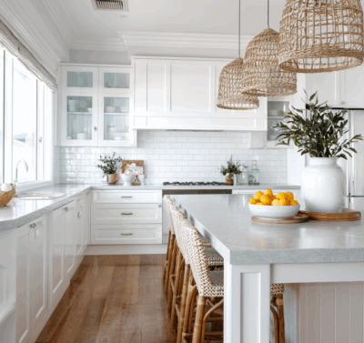 Hamptons kitchen in Brisbane with white shaker cabinetry, marble benchtops and rattan pendant lighting by The Stylesmiths.