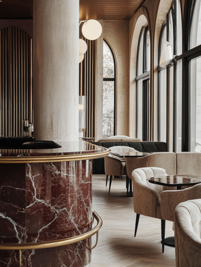 Luxury hospitality interior by The Stylesmiths featuring a dramatic marble bar, brass detailing and sculptural lighting.
