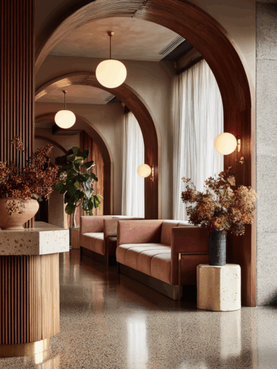 Luxury hospitality interior in Brisbane with sculptural arches and warm tonal palette by The Stylesmiths