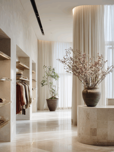 Luxury retail interior in Brisbane with natural stone and soft neutral tones by The Stylesmiths