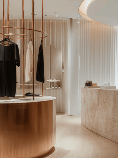 Luxury retail interior by The Stylesmiths with curved joinery, warm metallic finishes and soft, neutral tonality.