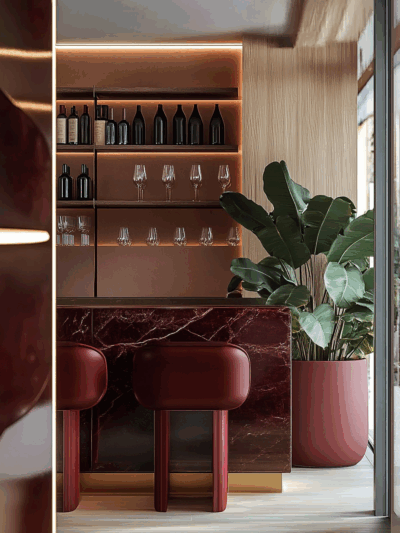 Luxury Sydney bar interior by The Stylesmiths with burgundy marble, warm lighting and rich tonal finishes.