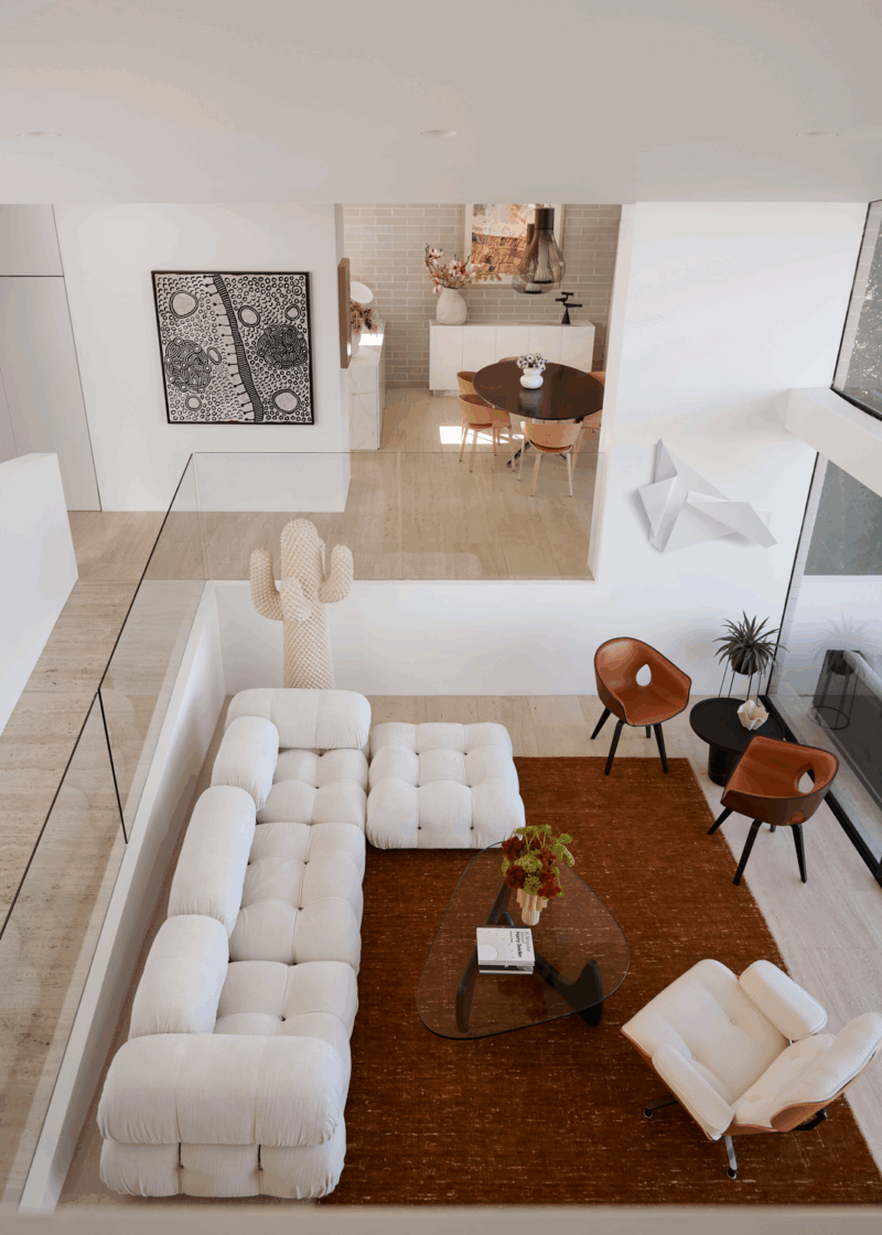 Luxury Sydney living room by The Stylesmiths with architectural forms, neutral tones and sculptural furniture.
