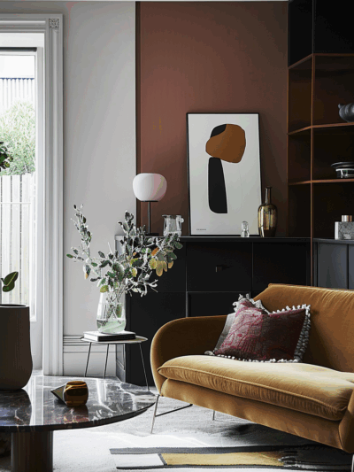 Luxury Sydney office interior by The Stylesmiths featuring warm modern styling, bespoke joinery, rich brown tones and sculptural furniture.