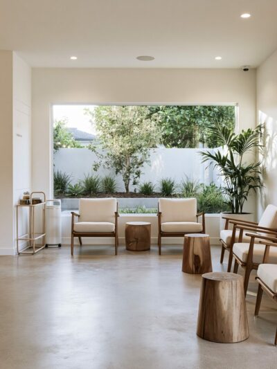 Boutique cosmetic clinic reception designed by The Stylesmiths with bespoke timber joinery, integrated skincare retail displays, soft neutral styling and contemporary luxury interiors.