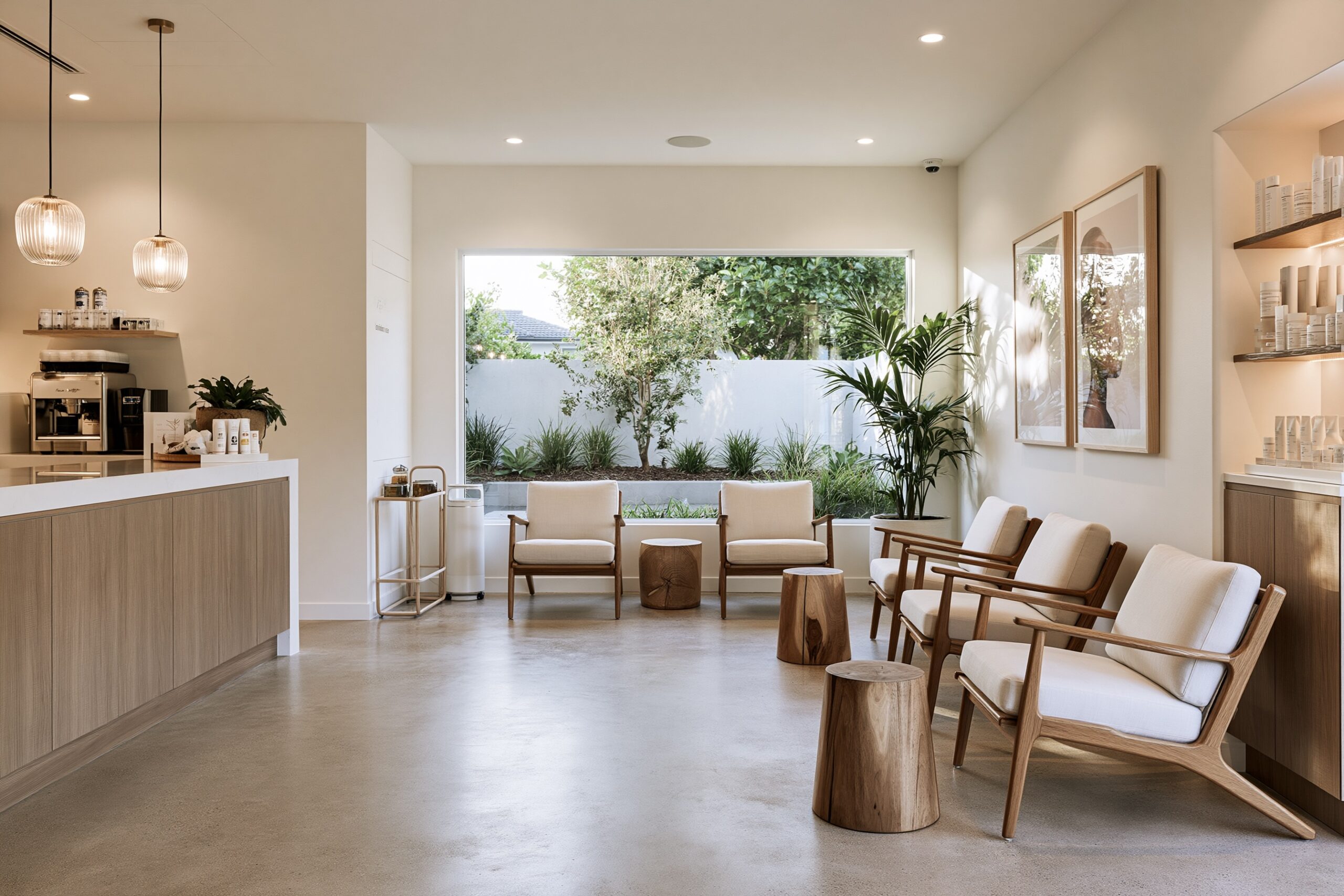 Boutique cosmetic clinic reception designed by The Stylesmiths with bespoke timber joinery, integrated skincare retail displays, soft neutral styling and contemporary luxury interiors.