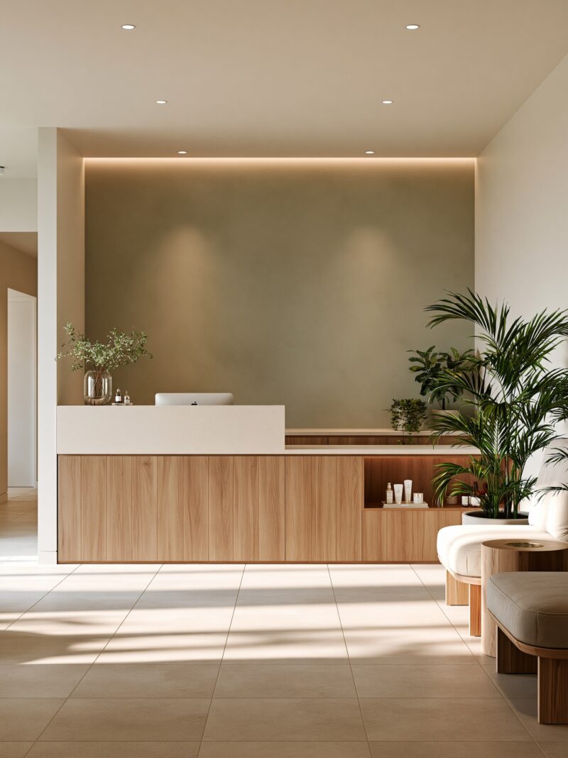Premium cosmetic clinic reception by The Stylesmiths featuring bespoke timber reception desk, soft olive feature wall, biophilic styling and luxury beauty clinic interior design.