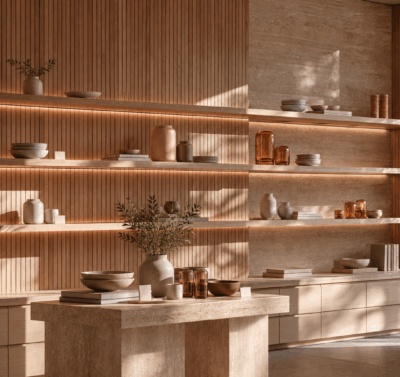 Luxury homewares retail display with sculptural stone plinths, layered shelving and earthy neutral styling by The Stylesmiths.