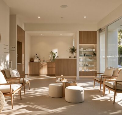Luxury skin clinic waiting room designed by The Stylesmiths featuring natural timber furniture, soft neutral furnishings, wellness-inspired interiors and calming daylight-filled spaces.