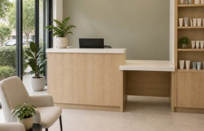 Minimalist beauty clinic reception designed by The Stylesmiths featuring natural oak joinery, soft sage green feature wall, calming neutral palette and contemporary cosmetic clinic interior design.